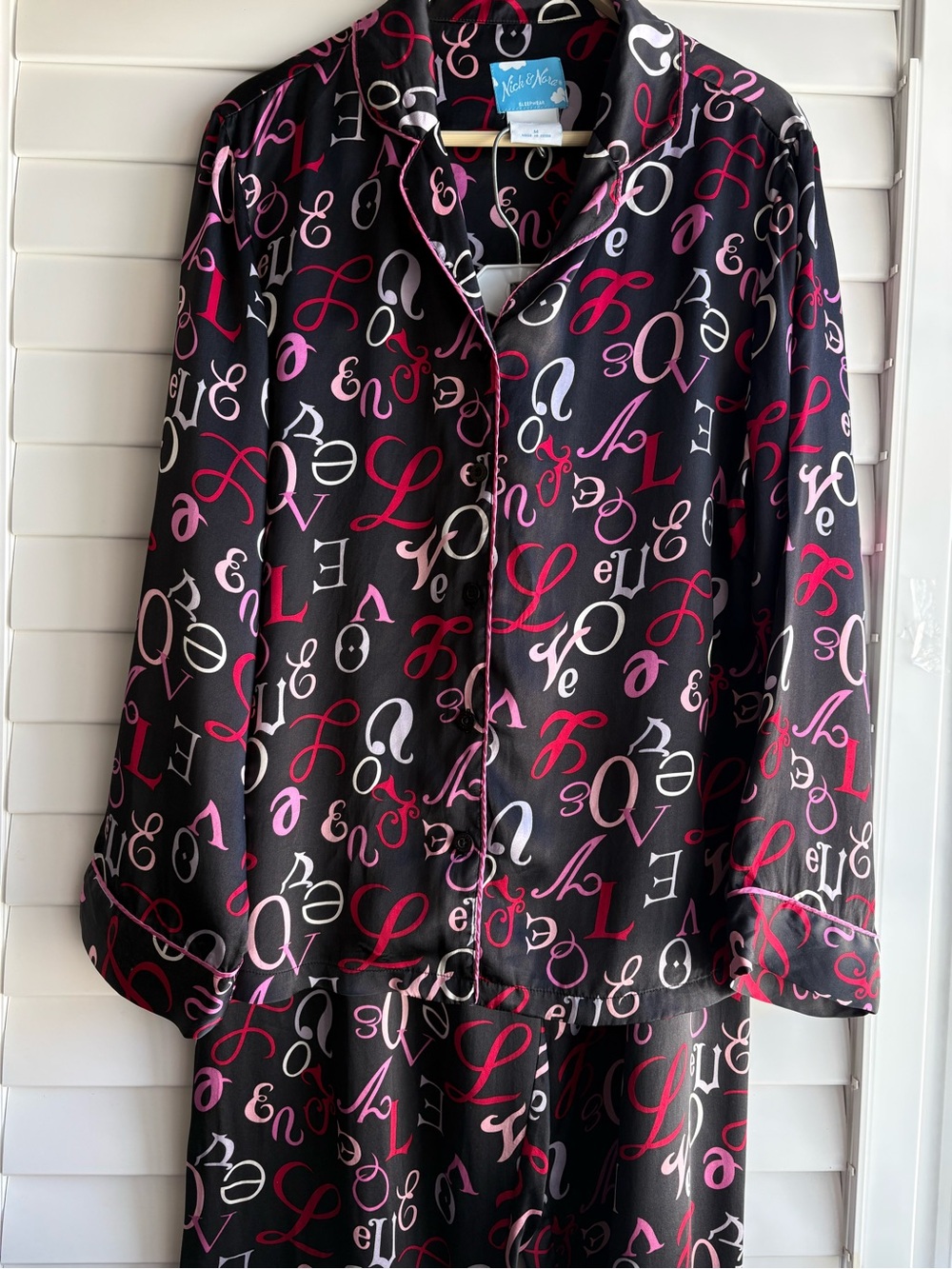 Natori Black Silky Pajama Set with Pink & White Script Print